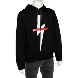 مملوكة مسبقًا Neil Barrett Black Crossed Out Bolt Printed Knit Hooded Sweatshirt L