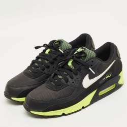 Pre Owned Air Jordans Black Canvas and Nubuck Leather Air Max 90 Black Hot Lime Sneakers Size 45.5