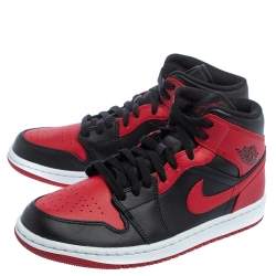 Pre Owned Nike Air Jordan 1 Red/Black Leather Mid Sneakers Size 42