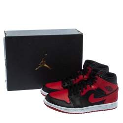 Pre Owned Nike Air Jordan 1 Red/Black Leather Mid Sneakers Size 42