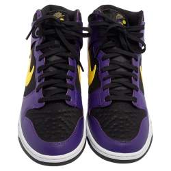 Pre Owned Nike Black/Purple Canvas and Leather Dunk Lakers High Top Sneakers Size 46