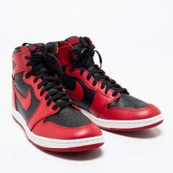 Pre Owned Nike Red/Black Leather Air Jordan 1 High Top Sneakers Size 47