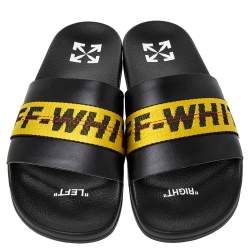 Pre Owned Off-White Black/Yellow Leather Logo Slide Sandals Size 40