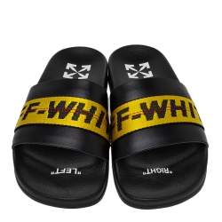 Off White Black/Yellow Leather Slide Sandals Size 40