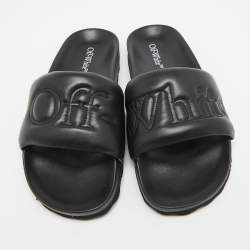 Off-White Black Leather Sponge Logo Embroidered Bookish Slides Size 41