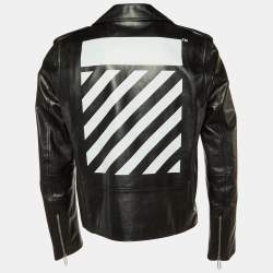 Off-White Black Diagonal Tab Print Leather Biker Jacket L