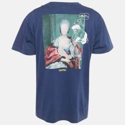 Pre Owned Off-White Blue Printed Cotton Knit Crew Neck Oversized T-Shirt XS