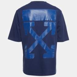 Pre Owned Off-White Navy Blue Logo Print Cotton T-Shirt L