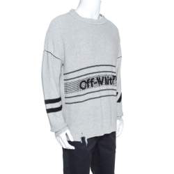 Pre Owned Off White Grey Logo Embroidered Knit Distressed Jumper S