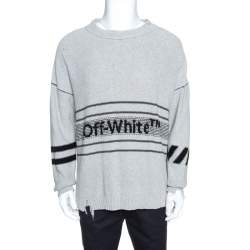 Pre Owned Off White Grey Logo Embroidered Knit Distressed Jumper S