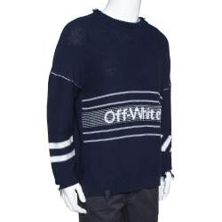 Pre Owned Off White Navy Blue Logo Intarsia Knit Distressed Jumper S