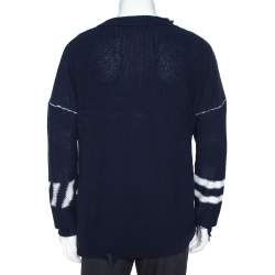 Pre Owned Off White Navy Blue Logo Intarsia Knit Distressed Jumper S