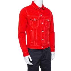 Off White Red Denim Graphic Print Button Front Jacket M