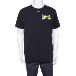 Pre Owned Off White Black Logo Caution Tape Printed Cotton T Shirt L