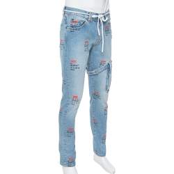 مملوكة مسبقًا Off White Blue Denim Logo Printed Drawstring Detail Cargo Jeans M