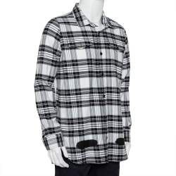 Pre Owned Off-White Monochrome Plaided Cotton Painted Detail Oversized Shirt S
