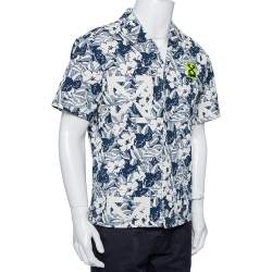 Off White Navy Blue & White Textured Cotton Button Front Holiday Shirt M