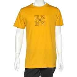 Pre Owned Off-White Yellow Cotton Logo Worker Embroidered Crewneck T-Shirt M