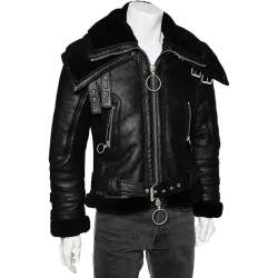 مملوكة مسبقًا Off-White Black Leather Double Collar Shearling Biker Jacket M