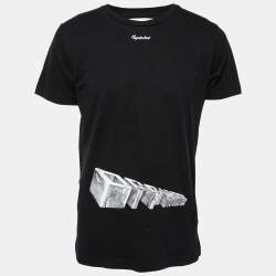 Pre Owned تي شيرت أوف وايت قطن أسود مطبوع برقبة مستديرة مقاس متوسط - ميديوم