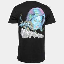 Pre Owned تي شيرت أوف وايت قطن أسود مطبوع برقبة مستديرة مقاس متوسط - ميديوم