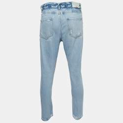 Off-White Light Blue Distressed Denim Buttoned Paperbag Waist Jeans M Waist 30"