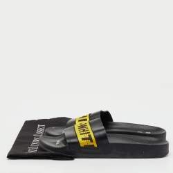 Pre Owned Off-White Black Leather Logo Canvas Industrial Flat Slides Size 43