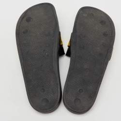 Pre Owned Off-White Black Leather Logo Canvas Industrial Flat Slides Size 43