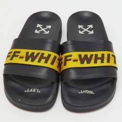 Pre Owned Off-White Black Leather Logo Canvas Industrial Flat Slides Size 43