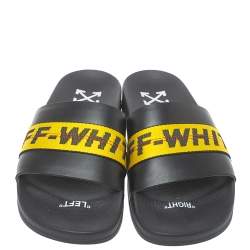 Pre Owned Off White Black/Yellow Leather And Canvas Slide Sandals Size 44