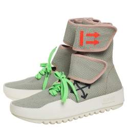 مملوكة مسبقًا Off-White Pale Green Stretch Fabric Moto Wrap High Top Sneakers Size 42