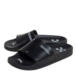 Off-White c/o VIRGIL ABLOH Black Leather Logo Pool Leather Slides Size 40