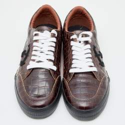 Off-White Brown Croc Embossed Leather Vulcanized Low Top Sneakers Size 45