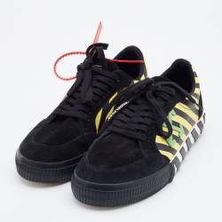 Pre Owned Off White Black/Yellow Suede and Canvas Vulcanized Striped Low Top Sneakers Size 46