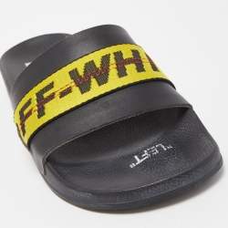 Pre Owned Off-White Black Leather and Logo Canvas Industrial Slides Size 40