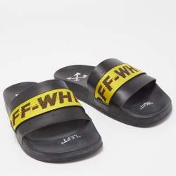Pre Owned Off-White Black Leather and Logo Canvas Industrial Slides Size 40
