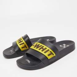 Pre Owned Off-White Black Leather and Logo Canvas Industrial Slides Size 40