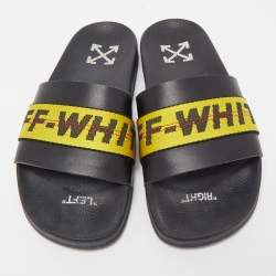 Pre Owned Off-White Black Leather and Logo Canvas Industrial Slides Size 40