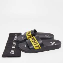 Pre Owned Off-White Black Leather and Logo Canvas Industrial Slides Size 40