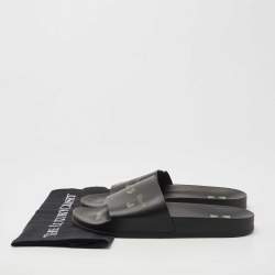 Off-White Black Leather Logo Pool Slides Size 42