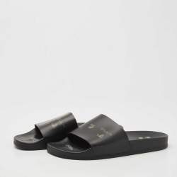 Off-White Black Leather Logo Pool Slides Size 42
