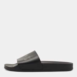 Off-White Black Leather Logo Pool Slides Size 42