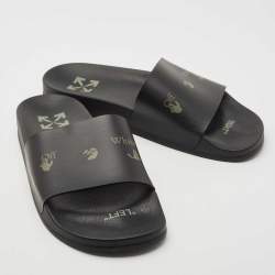 Off-White Black Leather Logo Pool Slides Size 42