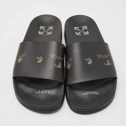 Off-White Black Leather Logo Pool Slides Size 42