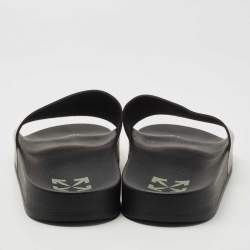 Off-White Black Leather Logo Pool Slides Size 42