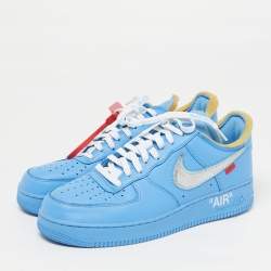 مملوكة مسبقًا حذاء رياضي أوف وايت x نايكي إير فورس 1 جلد أزرق MCA جامعة منخفض القمة مقاس 44.5