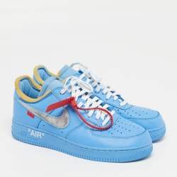 مملوكة مسبقًا حذاء رياضي أوف وايت x نايكي إير فورس 1 جلد أزرق MCA جامعة منخفض القمة مقاس 44.5