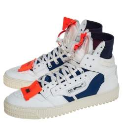 Pre Owned Off White White/Blue Leather And Canvas 3.0 Off-Court High Top Sneakers Size 43