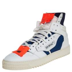 Pre Owned Off White White/Blue Leather And Canvas 3.0 Off-Court High Top Sneakers Size 43