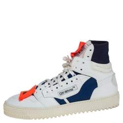 Pre Owned Off White White/Blue Leather And Canvas 3.0 Off-Court High Top Sneakers Size 43